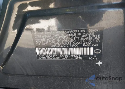 2007 Lexus Es 350 from USA, damaged, VIN JTHBJ46G272116900